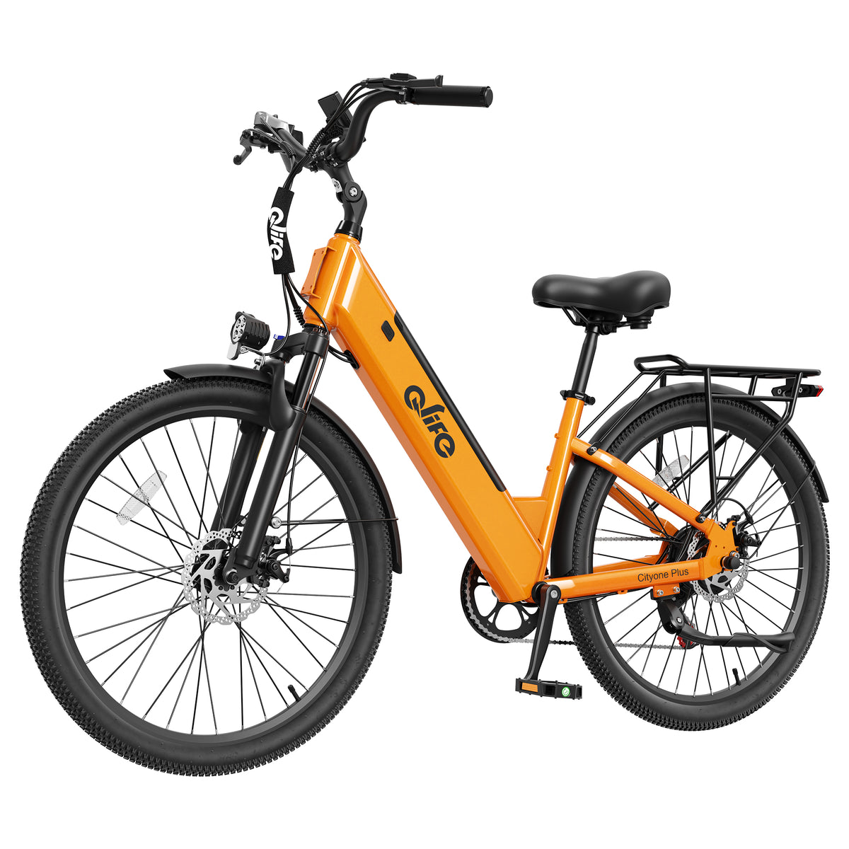 An electric bicycle with a bright orange frame and black components, including tires, saddle, handlebars, and wheels, shown on a solid white background.